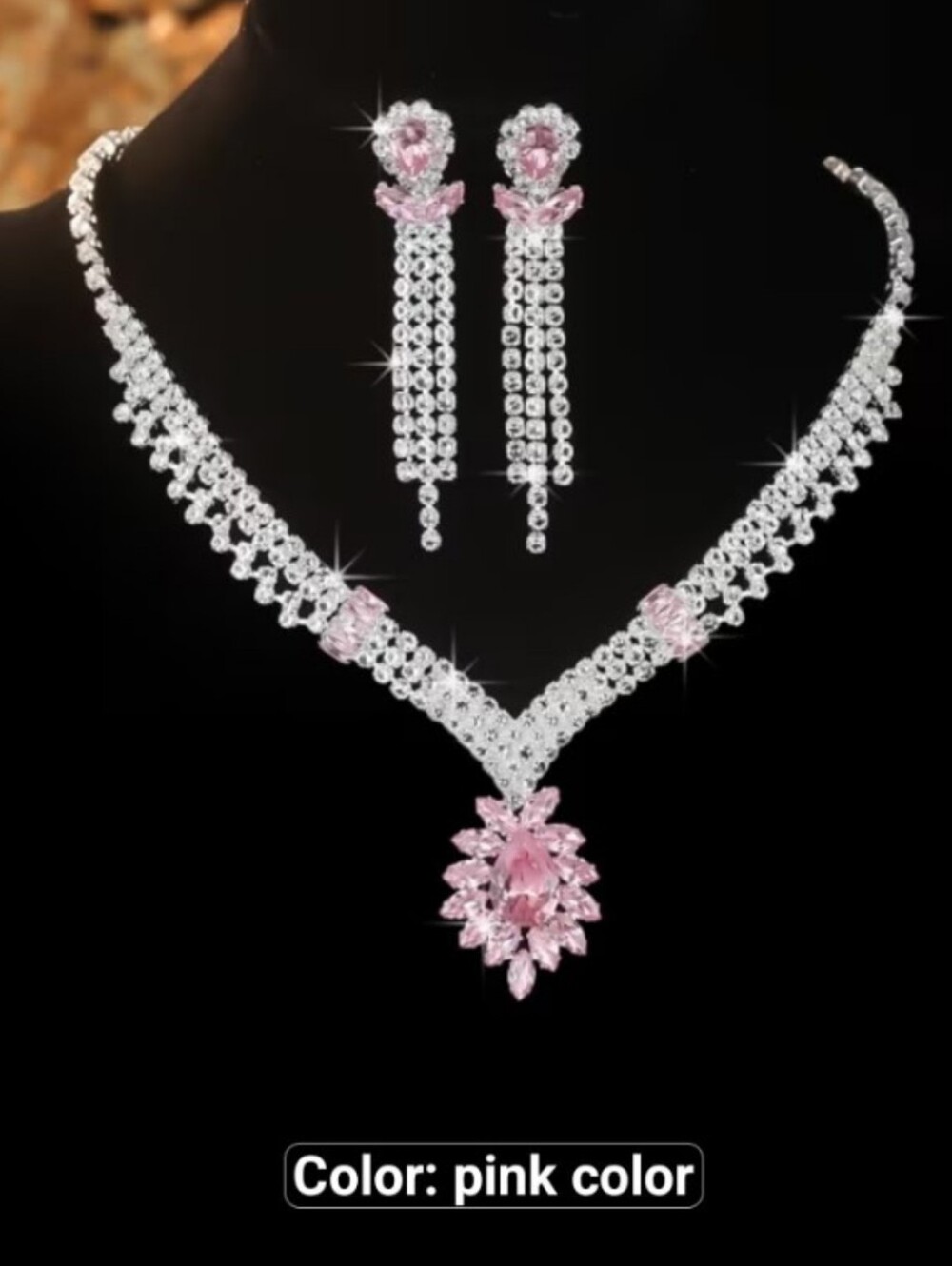 Sparkling Pink Crystal Pendant Necklace with Matching Drop Earrings